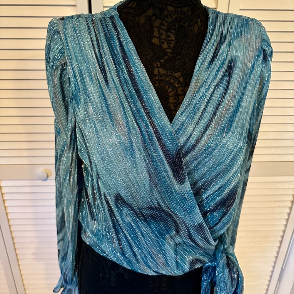 Ramy Brook Metallic Blue Wrap Blouse w/ Tie Waist - Picture 2 of 8